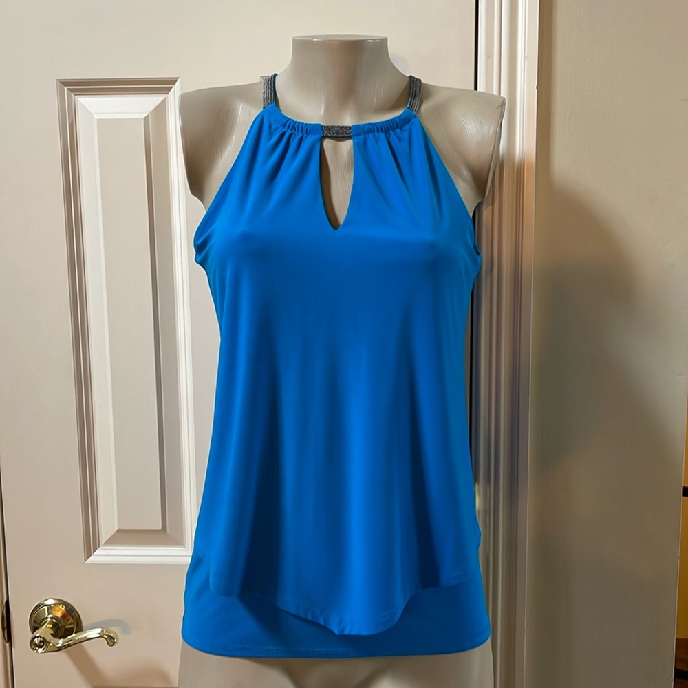 White House Black Market Azule Blue detail neckline top, small